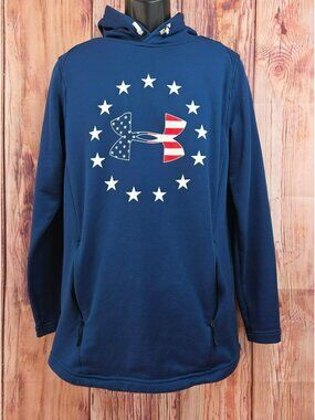 Under Armour Mens Fitted Blue Hoodie Medium  Patriotic Logo Stars & Stripes